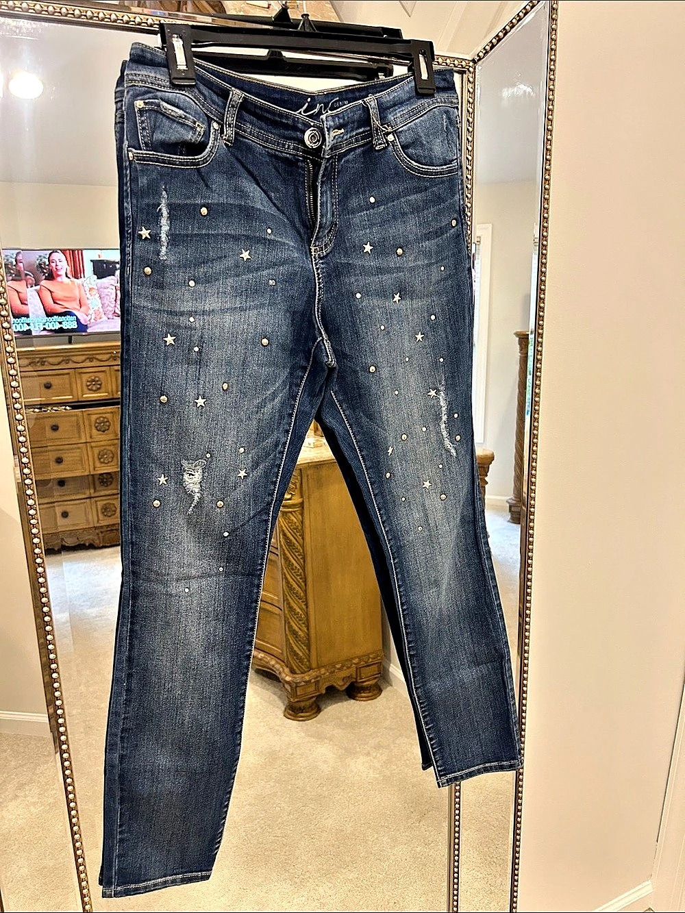 INC International Concepts Skinny Leg Regular Rise Embellished Blue Jeans